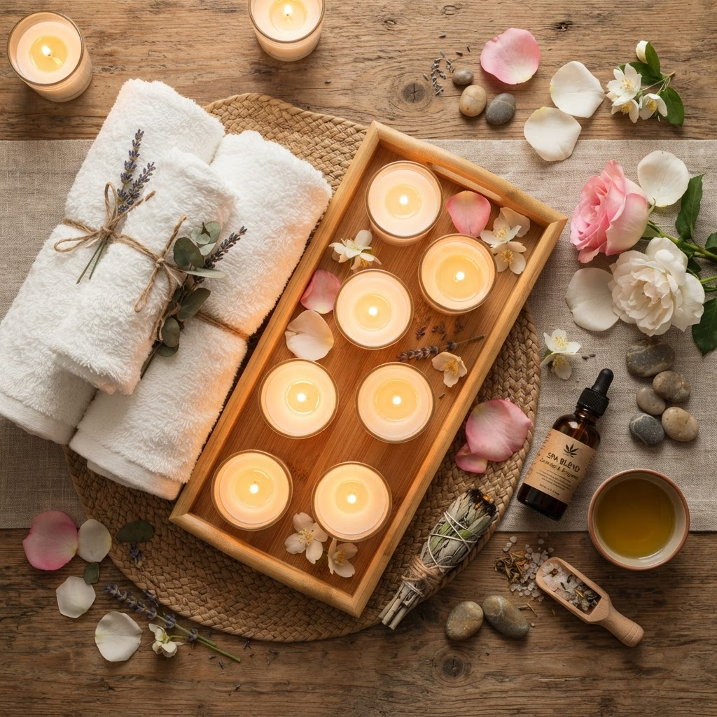 Spa candles and towels arrangement